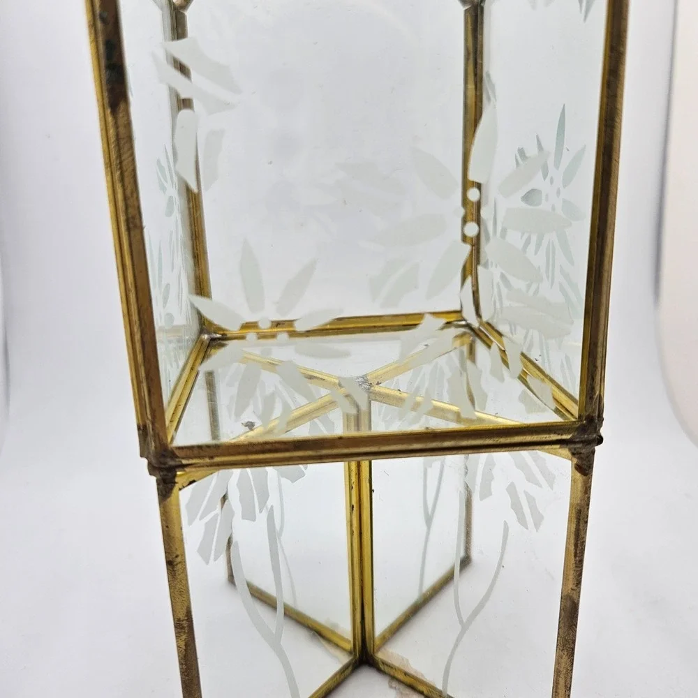 Vintage‎ FTD 1993 Brass Tone Etched Glass Jewelry Holder Trinket Organizer